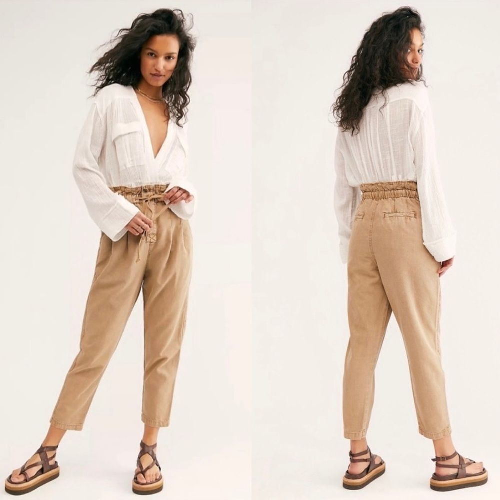 Free People Tan Margate Drawstring Baggy Pleated Trouser Pants Size Small Chic